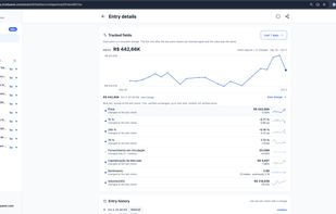 Entry detail view: the tracked fields of one item, Bitcoin on a crypto price page. BriefPanel records each field separately (price, 1h/24h/7d change, market cap, circulating supply, volume) and charts every recorded change over the last 7 days, with the latest value and how much it moved.