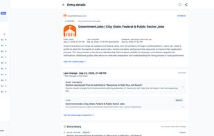 Entry detail view: BriefPanel tracking the GovernmentJobs.com homepage. Below the AI summary of the page, the change history lists each update with a headline and a short explanation, such as the hero headline being rewritten and a new section being added, plus the page title before and after.