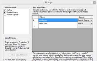 Settings page , you can add url patterns to be matched to select desired browser automatically or hide browsers you don't use.