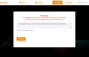 Wallet generation screen with a newly created seed phrase and a download/print option