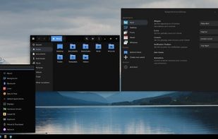 A screenshot of the Budgie desktop running on Solus Linux. The Budgie settings manager is on the right, made specifically to customize the desktop. The rest of the settings are handled by the Gnome settings manager.