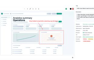 The capture overlay: annotate the screenshot, write the reproduction steps, and see the console errors, failed network requests, browser and OS that were captured alongside it.