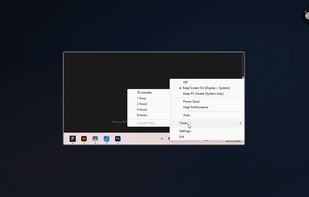 System tray context menu with six power modes, timer submenu, and one-click switching