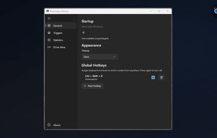 Display (blue eyes) | BuhoSleep Settings — General page with dark theme, global hotkey Ctrl+Shift+B for Presentation mode