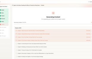 AI generates all 10 chapters simultaneously — watch your 
full-length book come to life in real time, from outline to 
complete manuscript in minutes.