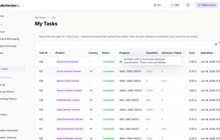 Monitor bulk verification tasks, processing status, results and costs.