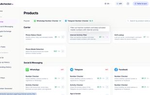 Browse phone validation, carrier lookup, WhatsApp, Telegram and social account checking tools.