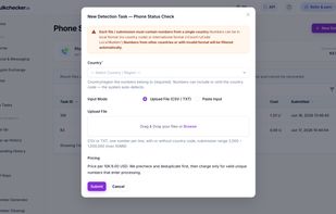 Create a new bulk verification task by uploading a CSV or TXT file.