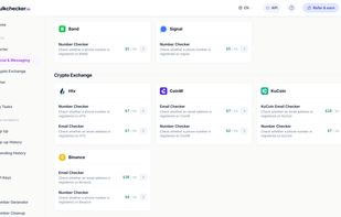 Bulk verification tools for messaging apps, social platforms and crypto exchange accounts.