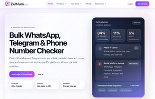 ZelNum homepage preview showing bulk WhatsApp, Telegram, and phone number verification, with 40+ checks, no-code and API workflows, and pay-as-you-go access.