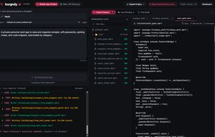 Real-time code generation — the AI agent writing actual Flutter source files live, not a simulated demo.