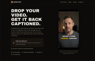 The home page: the live demo burns captions into a take in the browser (the presenter is AI-generated, the captions are real).