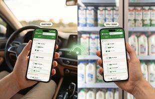 The same shared list on two phones at the same time — one in the car on the way to the store, another mid-shop in the supermarket aisle. Real-time sync means added or checked-off items appear on every connected phone within seconds.