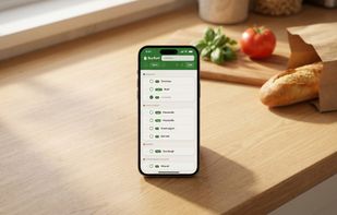 A shared grocery list open on iPhone next to fresh produce on a kitchen counter — BuyBye! works as a Progressive Web App, so the list opens straight from a link in the browser, no App Store install required.