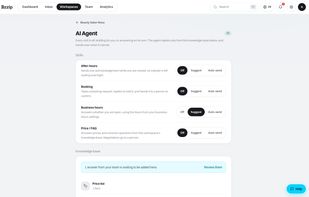 AI agent settings: set each skill to Off, Suggest or Auto-send. It answers only from the knowledge base you write.