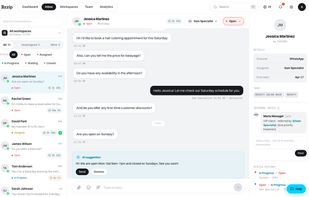 Shared inbox: every conversation has an owner and a reply-time countdown, and the AI suggests an answer you can send in one click.