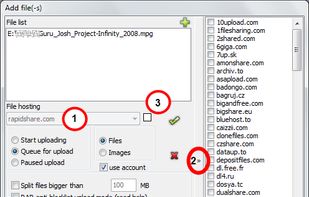 Window for choosing files and its upload settings