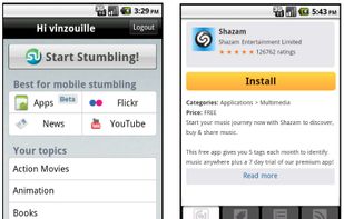 Tap "Apps" in the StumbleUpon mobile app for Android (left) to stumble through the best apps in the Android Market (right), recommended just for you.