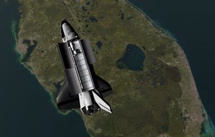A closeup of the space shuttle Discovery in orbit over Florida; this shot demonstrates Celestia's virtual texture feature for extremely high resolution mapping of planets.