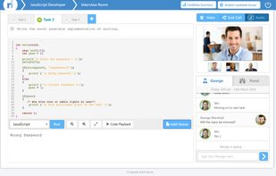 Interview room where you can see real-time coding skills of your candidate.
Gives you option to have audio/video call and chat options.