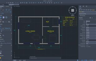 Apartment plan (examples/apartment.dxf): walls with pick-point hatching, TrueType MTEXT room labels, a TABLE, a multileader and architectural dimensions — built entirely from CADCraft commands.