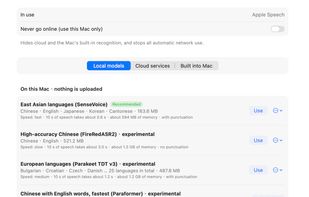 Local model settings in the English interface, including downloadable recognizers and their language and resource tradeoffs. This staged screenshot uses Apple Speech as its current selection.