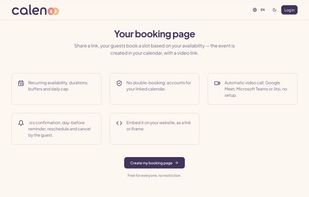 Booking page: recurring availability, automatic video link, reminders, embeddable on your website.