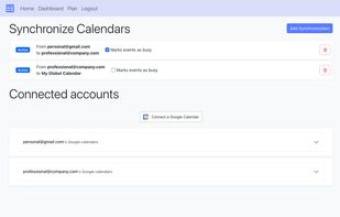 Example dashboard with two google accounts, and two synchronization rules