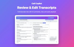 Full transcript view with AI summary, action items, editing and audio playback.