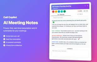 Live transcript, AI summary and chat in a side panel next to the call - no bot joins the meeting.