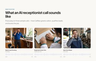 Three recorded demo calls you can play in the browser — plumbing, clinic and auto shop — showing how the AI greets, qualifies and books.