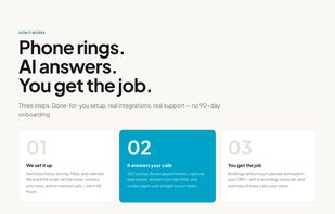 How it works: the call comes in, the AI answers and qualifies, the booking lands in your calendar. Setup and integrations are done for you.