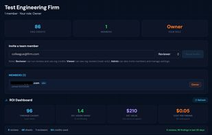 Manage team members, roles, and shared credit pools. View ROI metrics including estimated hours saved, cost per finding, and monthly trends. Access the audit log for team activity.