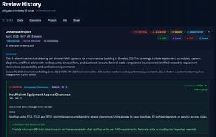 History/Results page. Accept. Reject, or Edit findings and Callout adapts to your feedback over time. Search, filter, and revisit past reviews. Compare results across revisions of the same drawing set to see what changed.