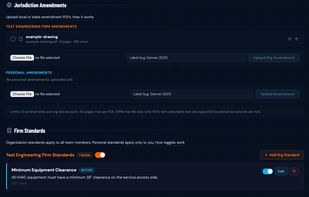 Add firm-specific requirements that get checked alongside building codes. Upload local or state jurisdiction amendment PDFs for cross-referencing during review. Supports both personal and organization-wide standards.