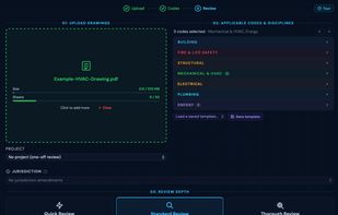 Review Page. Add drawings, select codes, add optional local jurisdiction amendments, choose review depth, and click "Run AI Review".