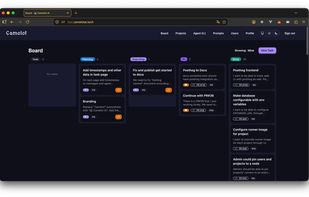 Kanban board with agents wiorking on CamelotAI itself
