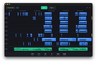 A full event day: 215 clips from 8 cameras plus a recorder, 8.9 hours of footage, synced in 25 seconds. Clips the app isn't fully certain about are flagged for review instead of placed on a guess.