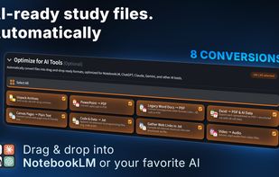 Eight automatic conversions. PowerPoint, Word and Excel become PDFs, Canvas pages become plain text, archives unpack, video becomes audio - and much more.