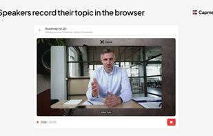 Each speaker records their topic in a browser tab, with the time budget in view. Nothing to install.