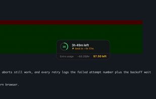 The floating widget stays above every window, including full-screen apps, so the countdown and extra-usage spend rate stay visible while you work in the terminal.