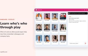 Who Is It: learn who's who
One of seven puzzle types in Onboard. New hires ask yes or no questions to find a colleague, and remember names and roles along the way.
