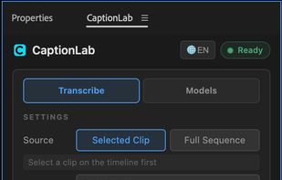 Pick a clip or the whole sequence, choose source language (auto-detect works for 99 languages) and output — transcribe or translate to English. Caption length can follow natural sentence breaks or a fixed word count for vertical/Shorts-style captions.