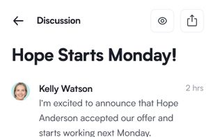 Discussions help your team stay focused on a single topic and work both synchronously and asynchronously