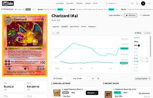 Card detail — Price history chart, grade-by-grade values, similar listings, and recent sales for any Pokemon card