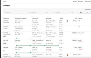 Transport management dashboard - shipment list