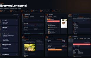 Every tool in one panel: batch rename, contact sheets, folder presets, color picker, render calculator and audio extraction.