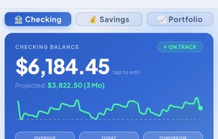 CashFlowCast light theme — checking balance of $6,184 marked ON TRACK with 3-month projection of $3,822. Clean bill list shows upcoming American Express, Paycheck, Amazon Credit with running balance after each.