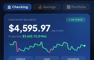 CashFlowCast dark theme — checking balance of $4,595 with 3-month projection of $3,625. Green and red sparkline shows future balance dips and recoveries. Bills due today highlighted in red.