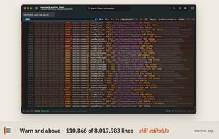 A 1 GB log filtered to Warn and above: 110,866 of 8,017,983 lines. The filter is a view, not an edit, so original line numbers stay true to the file and the lines stay editable. Matches can be extracted to a new document.